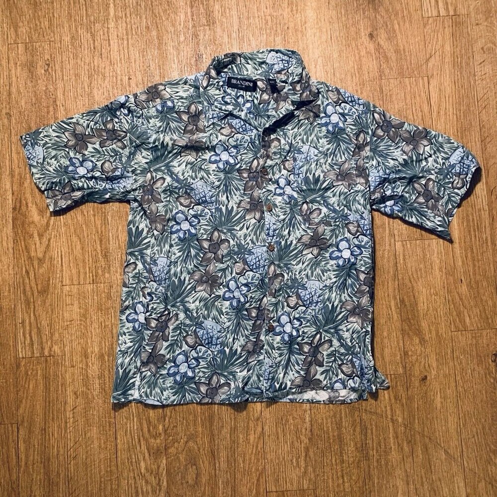 BRANDINI Men's Light Blue Green Floral Pure Silk 100% Hawaiian Shirt Size L